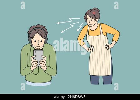 Une mère en colère fait la leçon à l'adolescence sur son casque à l'aide d'un appareil de téléphone portable.Fou furieux maman jure adolescent garçon enfant trop utiliser smartphone jouer en ligne.Dépendance aux médias sociaux.Illustration vectorielle. Illustration de Vecteur