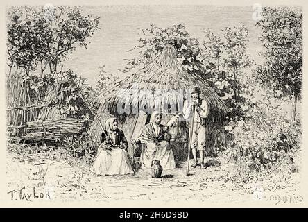 Cabane sur toit de chaume près d'Arco de Sao Jorge, île de Madère, Portugal.Europe.Illustration gravée du XIXe siècle de l'île de Madère par Marquis Degli Albizzi du Tour du monde 1889 Banque D'Images