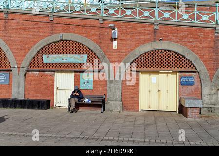 Un homme d'âge moyen utilisant un téléphone portable assis sur le siège à côté des arches de Kings Road sur le front de mer de Brighton lors d'une journée ensoleillée à l'automne dans l'est du Sussex Angleterre Royaume-Uni Banque D'Images