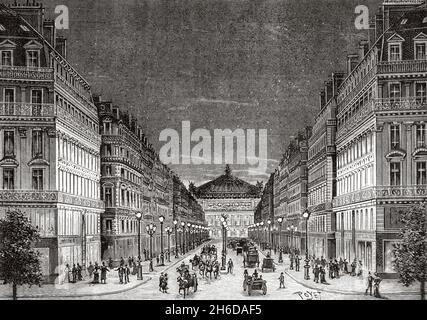 Éclairage électrique de l'avenue de l'Opéra à Paris, France.Europe.Ancienne illustration gravée du XIXe siècle de la nature 1897 Banque D'Images