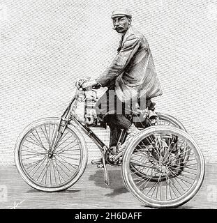 Le tricycle est équipé d'un moteur à essence à base de pétrole.Dion et tricycle de Bouton.Ancienne illustration gravée du XIXe siècle de la nature 1897 Banque D'Images