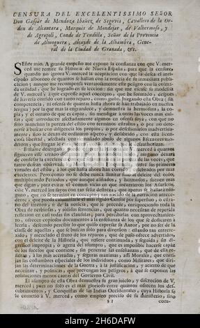 Censure de l'historien et bibliophile Gaspar Ibáñez de Segovia (1628-1708), marquis de Mondéjar.'Historia de la Conquista de México, población, y progresos de la América septentrional, conocida por el nombre de Nueva España' (Histoire de la conquête du Mexique, population, et progrès de l'Amérique du Nord, connu sous le nom de Nouvelle Espagne).Édition publiée à Barcelone, 1756.Imprimerie de Lucas de Bezares y Urrutia.Bibliothèque militaire historique de Barcelone.Catalogne, Espagne. Banque D'Images