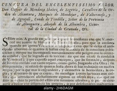 Censure de l'historien et bibliophile Gaspar Ibáñez de Segovia (1628-1708), marquis de Mondéjar.'Historia de la Conquista de México, población, y progresos de la América septentrional, conocida por el nombre de Nueva España' (Histoire de la conquête du Mexique, population, et progrès de l'Amérique du Nord, connu sous le nom de Nouvelle Espagne).Édition publiée à Barcelone, 1756.Imprimerie de Lucas de Bezares y Urrutia.Bibliothèque militaire historique de Barcelone.Catalogne, Espagne. Banque D'Images