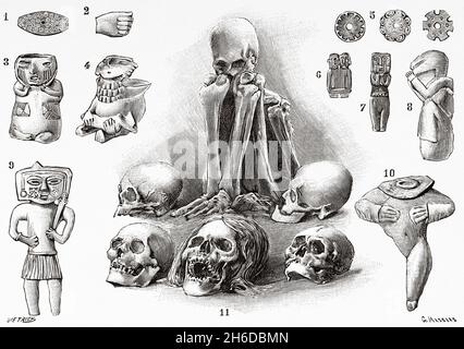 Populations primitives Divinites et calchaquies squelettes.1,2 et 5 amulettes.3,4,6 a 10 divinités.11 momie et crânes déformés.Ancienne illustration gravée du XIXe siècle de la nature 1897 Banque D'Images