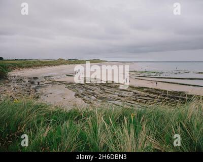 Seahouses plage à marée basse sur la côte de Northumberland nord est de l'Angleterre Royaume-Uni avec une vue lointaine sur le château de Bamburgh Banque D'Images