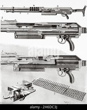 Pistolet automatique Hotchkiss.Ancienne illustration gravée du XIXe siècle de la nature 1897 Banque D'Images