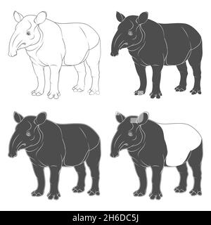 Jeu d'illustrations noir et blanc de tapir.Objets vectoriels isolés sur fond blanc. Illustration de Vecteur