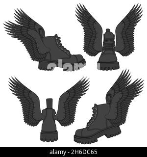 Jeu d'illustrations de couleurs de bottes noires avec ailes.Objets vectoriels isolés sur fond blanc. Illustration de Vecteur