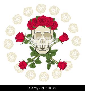 Crâne dans une couronne, décorée de roses rouges.Objets vectoriels colorés isolés sur fond blanc. Illustration de Vecteur