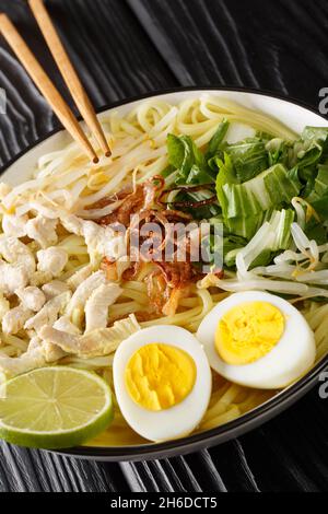 La soupe de nouilles de poulet indonésienne Soto ayam se trouve dans l'assiette de la table.Verticale Banque D'Images