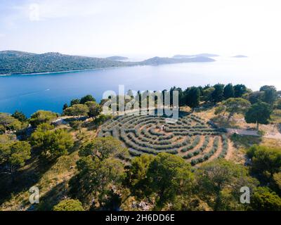 La mariée et le marié tiennent les mains debout au milieu d'un champ de labyrinthe de lavande, en Croatie.Panorama de la mer et des montagnes.Vue de dessus Banque D'Images