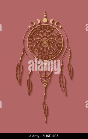 dreamcatcher détaillé avec ornement de mandala et phases de lune.Symbole Mystic d'or, art ethnique avec dessin de boho amérindien, vecteur isolé Illustration de Vecteur