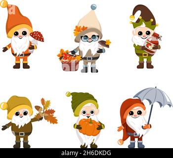 Ensemble de petits gnomes avec une longue barbe blanche, un visage joyeux avec des articles d'automne.Caractère pour le festival de la récolte d'automne, Thanksgiving, décoration de maison et de jardin Illustration de Vecteur