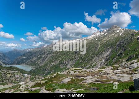 Paysage sur la route du col Grimsel avec le lac Raeterichtsbodensee, Guttanen, Valais, Suisse, Europe Banque D'Images