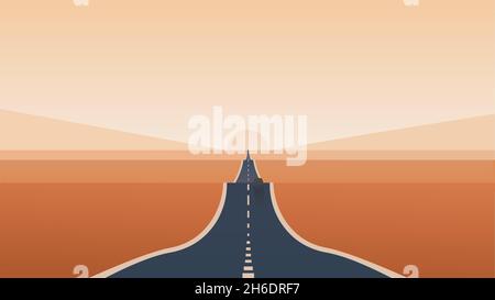Une petite voiture traverse les étendues désertiques sans fin.Une route sans fin qui s'étend jusqu'à l'horizon.Coucher de soleil lumineux, lever du soleil dans le désert.Vecteur illust Illustration de Vecteur