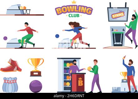 Équipement de bowling.Sport jeu actif skittles boules joueurs de bowling garish illustrations vectorielles dans le style plat Illustration de Vecteur