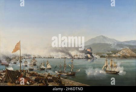 La bataille navale de Navarino (1827).Peinture par Ambroise Louis Garneray.La bataille de Navarino était une bataille navale qui a eu lieu le 20 octobre (O.S. 8 octobre 1827, pendant la guerre d'indépendance grecque (1821–32), dans la baie de Navarino (Pylos modernes), sur la côte ouest de la péninsule du Péloponnèse, dans la mer Ionienne.Les forces alliées de Grande-Bretagne, de France et de Russie ont résolument battu les forces ottomanes et égyptiennes qui essayaient de réprimer les Grecs, rendant ainsi l'indépendance grecque beaucoup plus probable.Une armada ottomane qui, en plus des navires de guerre impériaux, comprenait des escadrons des eyalets (provincic Banque D'Images