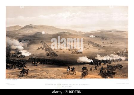 Charge de la brigade de cavalerie légère, le 25 octobre 1854, sous la direction du général de division le comte de Cardigan.La charge de la Brigade légère à Balaklava par William Simpson (1855), illustrant la charge de la Brigade légère dans la 'Vallée de la mort' du point de vue russe Banque D'Images