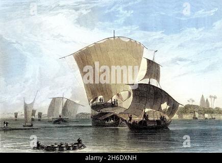 Bateaux machine colorisés SUR LE GANGE dans le livre ' l'annuel oriental, ou, les vies des Empereurs Moghul ' par le Rév. Hobart Caunter publié par Edward Bull, Londres 1837 gravures de dessins de William Daniell Banque D'Images