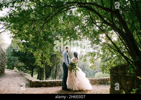 La mariée et le marié tiennent les mains sous la brousse luxuriante dans l'oliveraie Banque D'Images