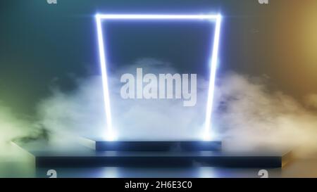 Rendu 3D d'un portail de temps de lumière de néon avec fumée. Banque D'Images