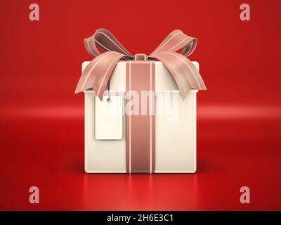 Rendu 3D d'une boîte cadeau classique avec une étiquette de prix vierge. Banque D'Images