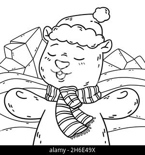 Cute polar bear at the north with santa claus hat and scarf. Happy new year and merry christmas coloring page. Vector illustration isolated background Stock Vector