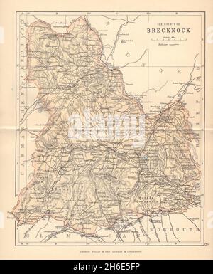 BRECKNOCKSHIRE 'County of Brecknock' Brecon Beacons Wales BARTHOLOMEW 1885 map Banque D'Images