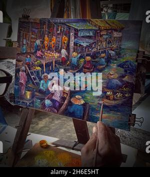 Peinture d'art couleur à l'huile marché flottant et temple Thaïlande Banque D'Images
