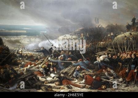 Les Français attaquent l'armée russe à la bataille de Malakoff, siège de Sébastopol, Guerre de Crimée. Un tableau d'Adolphe Yvon.La bataille de Malakoff était une attaque française contre les forces russes sur la redoute de Malakoff et sa capture ultérieure le 8 septembre 1855 dans le cadre du siège de Sébastopol pendant la guerre de Crimée.L'armée française sous le général MacMahon a réussi à s'attaquer à la redoute de Malakoff, tandis qu'une attaque britannique simultanée sur la Redan au sud de la Malakoff a été repoussée.Dans l'un des moments marquants de la guerre, le zouave français Eugène Libaut a levé le drapeau français au sommet de la guerre Banque D'Images