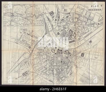 PLAN de ville antique DE DRESDE.Allemagne.BRADSHAW 1893 ans Banque D'Images