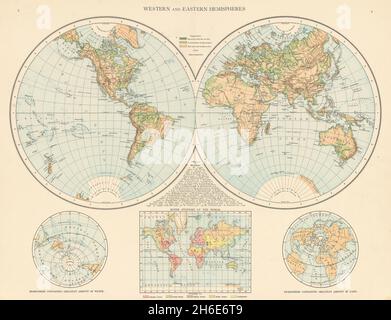 Hémisphères jumelés mondiaux.Ouest et est.LA CARTE ANTIQUE DU TIMES 1895 Banque D'Images