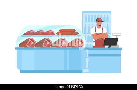 Magasin de viande, marché alimentaire agricole.Supermarché, épicerie section de viande.Atelier de bouchers, illustration vectorielle. Illustration de Vecteur
