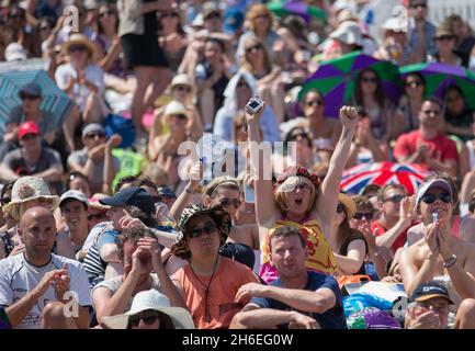 Fans sur Murray Mound lors de la finale de tennis de Wimbledon.Andy Murray, de la Grande-Bretagne, contre Novak Djokovic, de la Serbie. Banque D'Images