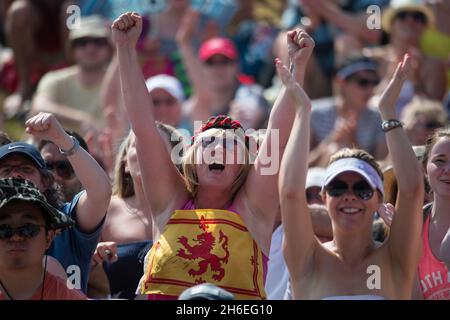 Fans sur Murray Mound lors de la finale de tennis de Wimbledon.Andy Murray, de la Grande-Bretagne, contre Novak Djokovic, de la Serbie. Banque D'Images