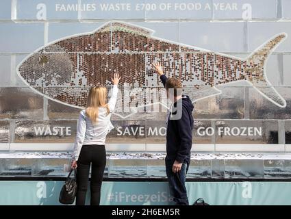 Aujourd'hui, un panneau d'affichage gelé de 20 pieds entièrement constitué de glace et d'argent liquide a été dévoilé pour inciter Brits à économiser de l'argent et à réduire les déchets ménagers en utilisant davantage leur congélateur.Le panneau d'affichage contenant à‚Â £ 700 en pièces et billets (la quantité moyenne de déchets ménagers chaque année sur la nourriture) a été créé par iFreeze, iSave et suit la recherche révélant que deux millions de Britanniques conservent l'argent dans le congélateur mais jettent 850,000 tonnes de bonne nourriture chaque année. Banque D'Images