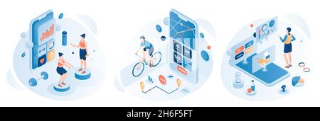 Les gens s'entraîne et font du vélo à l'aide d'applications mobiles de suivi de la santé et de la forme physique, illustration isométrique à vecteur plat. Illustration de Vecteur