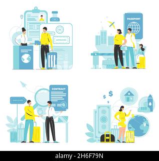 Ensemble de scènes d'immigration, illustration isométrique à vecteur plat.Visa Center, personnes voyageant à l'étranger pour résidence permanente. Illustration de Vecteur