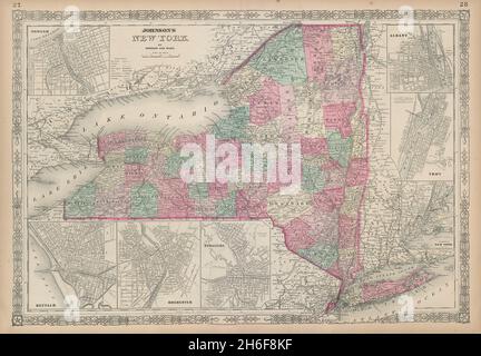 Carte de l'État de New York de Johnson.Albany Troy Rochester Buffalo Syracuse 1865 Banque D'Images