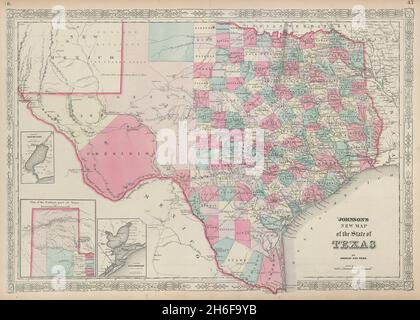 Johnson Nouvelle carte de l'État du Texas.Carte DE l'État DES ÉTATS-UNIS montrant les comtés 1865 Banque D'Images