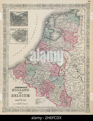 Johnson Hollande et Belgique.Benelux.Amsterdam & Brussels 1865 carte ancienne Banque D'Images