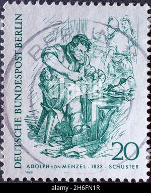 ALLEMAGNE, Berlin - VERS 1969: Timbre-poste de l'Allemagne, Berlin montrant les Berliners du XIXe siècle.Adolf von Menzel, cordonnier Banque D'Images