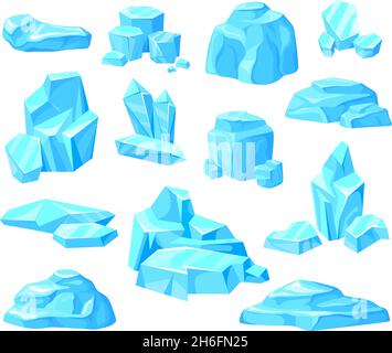 Morceaux de glace de dessin animé.Iceberg glacier Icicle, blocs Berg gelés, cristal bleu froid propre, floe de neige pièce, forme carrée de verre gelé, illustration vectorielle isolée plate et nette.Gel glacé et eau gelée Illustration de Vecteur