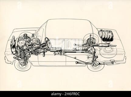 Dessin de la structure et des composants mécaniques de la berline FIAT 125 quatre portes, Italie 1967 Banque D'Images