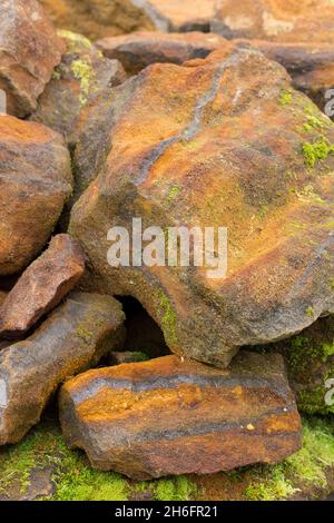 Dépôts minéraux de roche sédimentaire de pierre de fer avec minerai de fer (FE) utilisés pour la fusion commerciale pour la production de fer.Bagués argent à noir rouge chert Banque D'Images