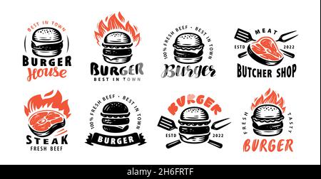 Mettez les emblèmes de la nourriture.Hamburger, steak de viande.Éléments de design pour logo, étiquette, emblème, panneau, menu Illustration de Vecteur