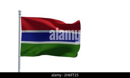 Drapeau national de la République de Gambie, agitant dans le vent.Rendu 3d, CGI.Illustration, isolée sur blanc Banque D'Images