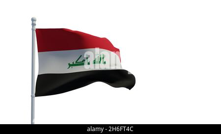 Drapeau national de la République d'Iraq, agitant dans le vent.Rendu 3d, CGI.Illustration, isolée sur blanc Banque D'Images