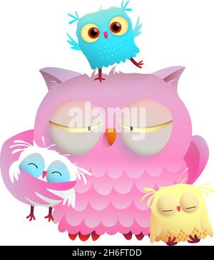 Mère hibou avec enfants fatigué famille dormant Illustration de Vecteur