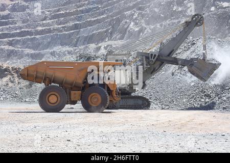 Pelle électrique à corde chargeant un camion-benne dans une mine de cuivre au Chili Banque D'Images